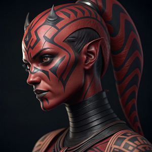 Illustration of Darth Talon, dark red skin, intricate tattoos. Close-up view. Tribal designs on face and head. Dark background