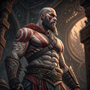 Kratos, from God of War, standing in a digital art scene. Ornate background with dark and detailed patterns, highlighting his muscular build and tattoos.