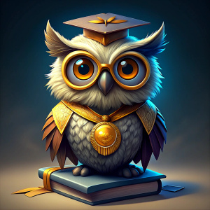 cartoon owl with detailed feathers  with glasses, with a gold medal around his neck, in a black square student's academic cap, stands on a stack of books, blue background