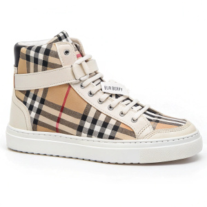 A chic Burberry plaid sneaker. The shoe features a classic beige, black, and white plaid pattern with a white lace-up closure and a prominent Burberry logo on the strap. Ideal for a stylish casual look.
