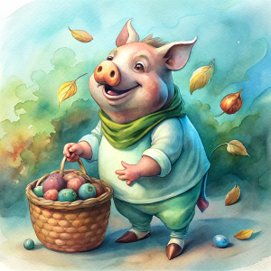 cheerful caricature of a fat pig collecting acorns, white background