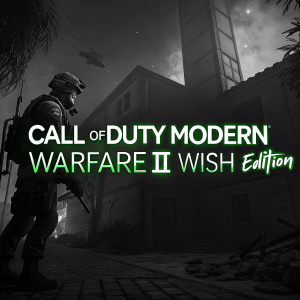 Dark background with neon green 'Call of Duty: Modern Warfare II - Wish Edition' text in bold letters. High contrast gaming advertisement.