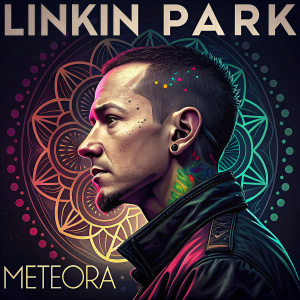 Album cover for Linkin Park's Meteora. Chester Bennington's face blurred, colorful abstract patterns, dark background, modern art style