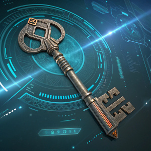 Concept art for Borderlands 3 featuring the Promethea Vault Key. The key is an intricate, metallic artifact with ridges and unique design elements. Set against a futuristic, digital background