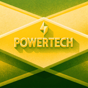 A vector graphic of PowerTech logo. Bold, modern font with sleek metallic symbol. Dark, reflective background