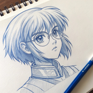 Close-up sketch of Asuka Langley Soryu, Evangelion character, with short hair and glasses. Created with blue pencil on sketch pad.