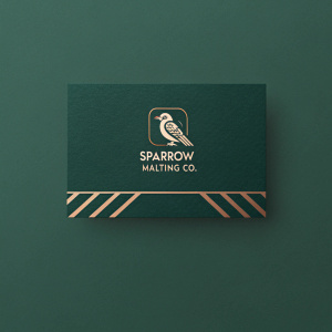 Creative business card design for Sparrow Malting Co. Dark green background with bold logo