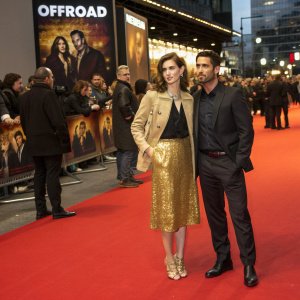 Nora Tschirner and Elyas M'Barek attending the premiere of 'Offroad'. Nora wears a gold sequined skirt and a structured beige jacket, while Elyas is in a sleek black suit. Crowded red carpet, backdrop with movie posters.