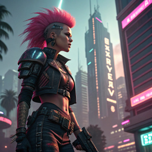 A fierce female character from Cyberpunk 2077. She sports a neon pink mohawk and wears armored leather. Wields a high-tech weapon. Futuristic cityscape in background.