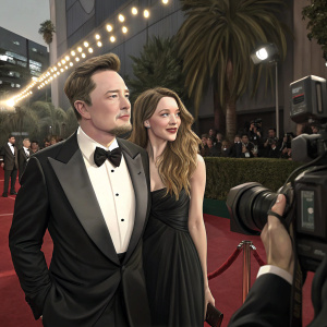 Elon Musk and Talulah Riley at the Hollywood Film Awards. Musk in a black tuxedo, Riley in a black gown. Red carpet with flashing cameras.