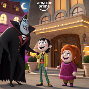 Animation of characters from Hotel Transylvania: Transformania. Amazon Prime Video logo prominently displayed.