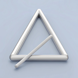 triangle, musical instrument, triangle with rounded edges made of bent metal tube, open on one side. There is a small drumstick nearby