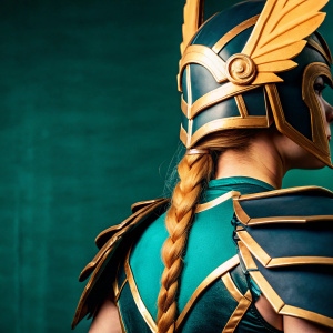 Digital artwork featuring a female warrior, inspired by Valkyrie Profile Lenneth. Wearing blue and gold armor with intricate details. Long, flowing hair in a braid. Set against a black backdrop.