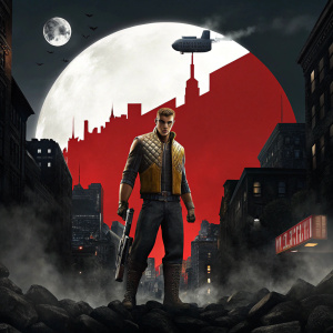 Digital cover art for Wolfenstein II: The New Colossus Deluxe Edition. Depicting a determined male character in combat stance. Set against a night cityscape with a large ominous moon-like symbol in red, black, and stark white.