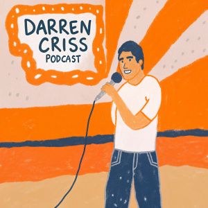 Darren Criss hosting a podcast. Dressed in a white t-shirt and jeans. Behind him, a colorful, animated graphic featuring the podcast's logo and sponsors.