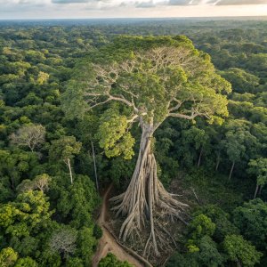 Aerial view of a strangler fig tree in the heart of the Amazon rainforest. Dense network of roots wrapping around an ancient host tree.
