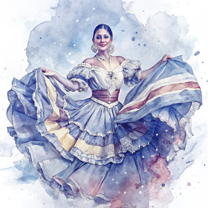MUJER CON TRAJE TRADICIONAL COLOMBIANO DE BAILE CON LOS COLORES DE LA BANDERA COLOMBIANA