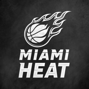 Dynamic Miami Heat NBA team logo. Depicts a basketball in motion or flame. Bold text below, 'Miami Heat'. Black and white color scheme. Clean, powerful design.