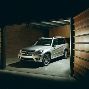Silver Mercedes GLK SUV parked in a sleek garage. Dark background, sharp angles, modern design