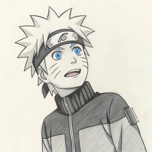 Line art sketch of Naruto Uzumaki from the Boruto series, in black and white. Simple pencil drawing