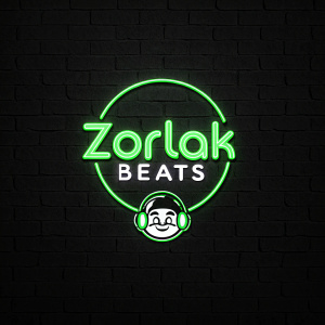 Logo for Zorlak Beats, featuring neon-green brand name and a playful cartoon face, set against a stark black backdrop. Digital illustration with sleek, modern design.