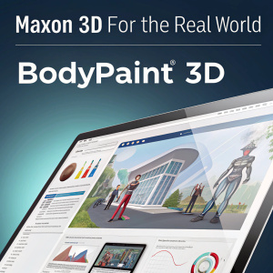 Maxon 3D for the Real World website displaying BodyPaint 3D page. Features product info, system requirements, and animation demo.