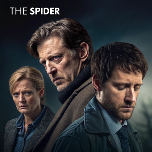 DVD cover for the Danish crime drama series 'The Spider'. Features a collage of actors in intense and dramatic poses, set against a dark background highlighting themes of crime and corruption.