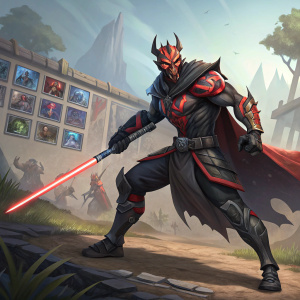 Maul, a powerful character from Paladins, standing in a battle-ready stance. Detailed muscles, fierce expression. Background filled with dynamic gameplay screenshots and ability descriptions.