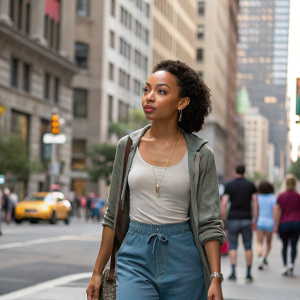 Logan Browning, african american actress, in a casual outfit. She is walking down a busy street, surrounded by urban architecture.
