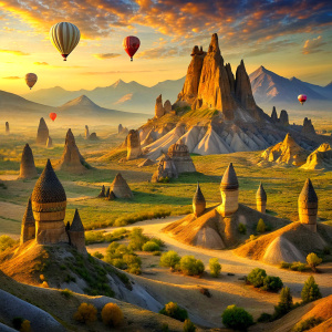 Draw a landscape in Cappadocia decorated with hot air balloons. Fairy chimneys, colorful balloons and mountain silhouettes in the foreground.