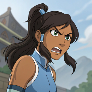 Digital illustration. Cartoon-style depiction of Korra, angry face, dark hair cascading to one side, brown skin tone. In an animated setting