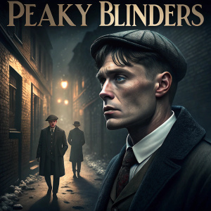 Stills from 'Peaky Blinders' featuring the main character. Dark alleyway, close-up of face, monologue. Solemn atmosphere, quotes displayed.