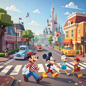 Disney Crossy Road game scene, featuring vibrant, cartoon-like characters in a bustling city setting.