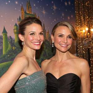 Sutton Foster and Cameron Diaz, beaming at the Shrek Musical gala. Glittering backdrop filled with fairy tale motifs
