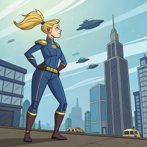 Cartoon illustration. Female superhero, blonde hair in high ponytail, confident stance, wearing a blue bodysuit with gold accents, set in a sci-fi cityscape.