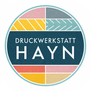 Corporate logo for Druckwerkstatt Hayn. Modern design featuring pastel tones of blue, pink, grey, and yellow accents. Clean sans-serif font.