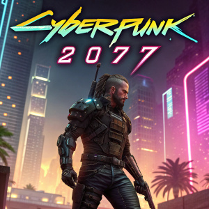 Cover art for Cyberpunk 2077. A warrior in cybernetic armor, standing tall with a fierce expression. Vibrant neon lights and futuristic cityscape in background. The title 'Cyberpunk 2077' in bold, electrifying font. Rating symbols and CD Projekt's red seal prominently displayed.