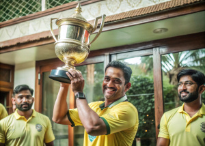 Create a image of ms dhoni to lifting the ipl trophy in CSK Jersey 
