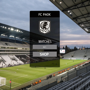 Website homepage of FC PAOK. Team logo prominently displayed. Menu options for news, matches, and shop. Sponsored ads and recent match pictures