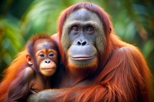 Orangutan mother cares for her baby
