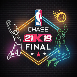An NBA 2K League promotional poster featuring a dynamic design with neon colors. Highlights include the chase logo, 'final', '21', and '19'. Black background.