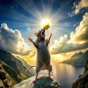 insane maniac rat (worshiping and lifts a cheese high into the air:1.25),( cheese in the mid-air:1.1), (raising arms:1.1), (god rays:1.1), (shining:1.2), sunny days, divine, (bright:1.25), on the cliff, ominous, (backlighting, backlit, lots of lightning, ball lightning:1.35), harsh shadows, (taken by go-pro, taken by fisheye lens:1.2)