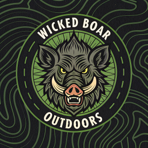 Digital illustration of a boar's head logo for Wicked Boar Outdoors. Dark and rugged design featuring sharp teeth and fierce expression. Background has a swirling, abstract pattern in black and green.