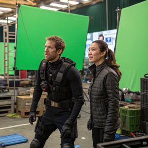 Sebastian Vettel and Celina Jade on a movie set. They are surrounded by large green screens and props. Sebastian is in a combat pose, wearing martial arts gear.