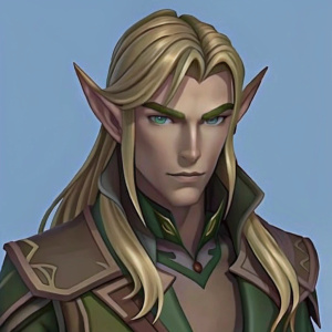 a blond elf man, a handsome face, a noble face, a straight thin nose, a half smile on his lips, a sharp chin, long hair fluttering around him,