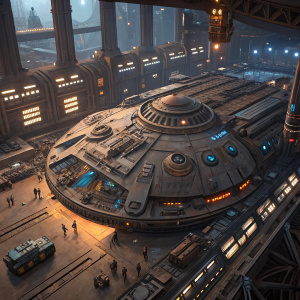 A massive, detailed industrial space station from a sci-fi universe. Dominated by metallic browns and grays, with blue and orange accents. High detail and depth, from an elevated view.