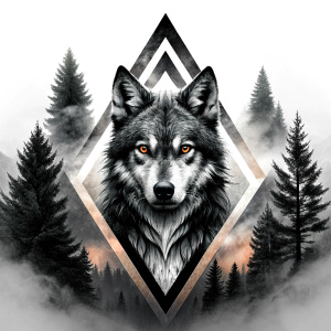 valknut runes pattern geometric symbols - wolf and trees - tattoo design - perfect realistic art - high-definition - grey and black - white background 