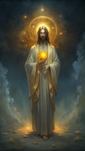 A digital painting of a Vladimir Zelensky, President of Ukraine, stands in the image of Jesus Christ with long hair and wearing a white robe with gold trim holds a golden egg. He has a golden cross on his robe and is surrounded by white roses and a golden halo.