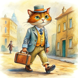 a mean-looking cat, dressed like greedy man in a casual wear, wearing a wrist watch and a baseball cap, and holding a suitcase, walking in a street, in the style of 'fantastic mr fox' cartoon, full view