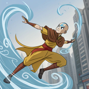 Aang, from Avatar: The Last Airbender, dynamic pose, background is blurred cityscape